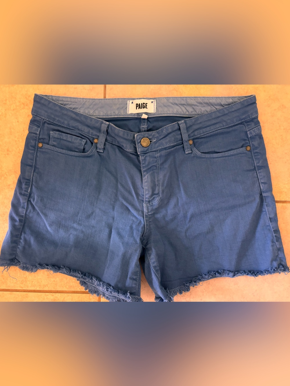 PAIGE Blue Frayed Hem Mid-Rise Denim Shorts